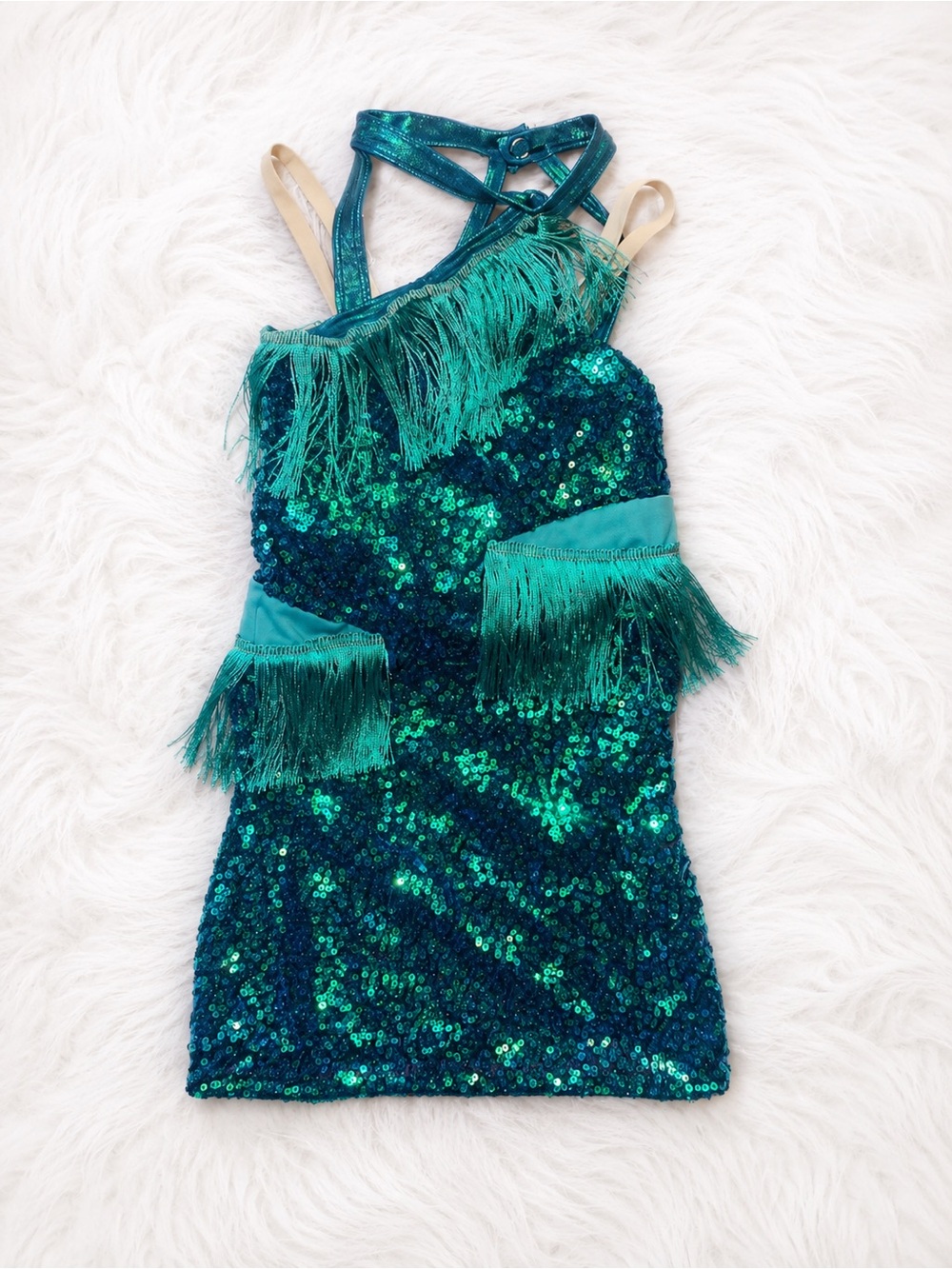 10th House by Revolution Dancewear Teal Sequin Fringe Dance Costume XSC